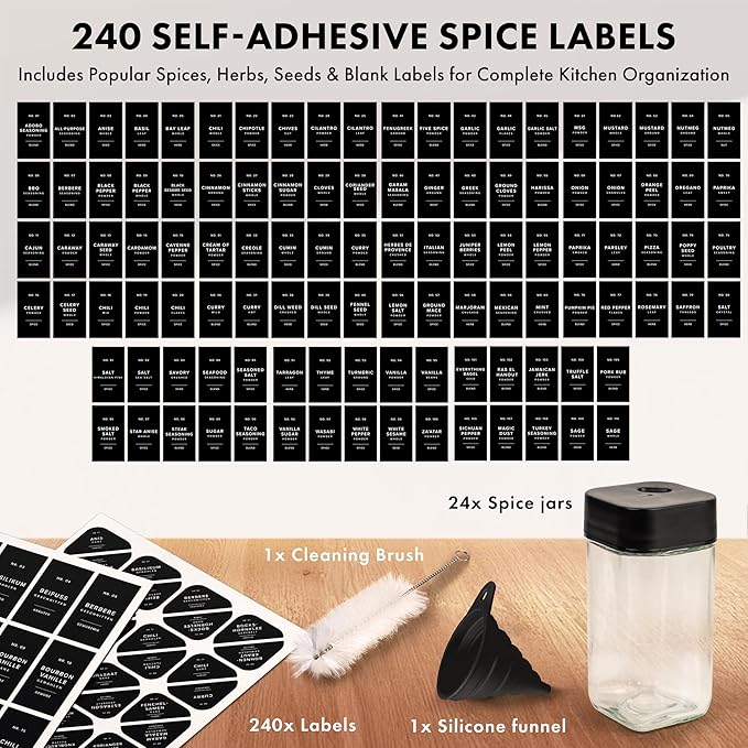 Square Spice Jars with Adjustable Rotating Lids (24 Pack) – 4oz Glass Spice Jars with 240 Labels, Funnel & Brush, Airtight Spice Containers for Kitchen Organization