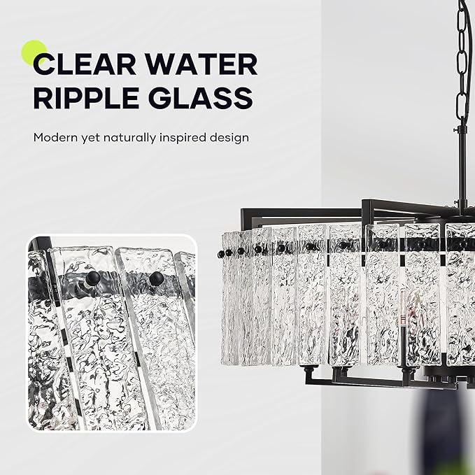 Black Crystal Chandeliers for Dining Room 10-Light, 29.5” Modern Water Ripple Glass Light Fixture, Farmhouse Round Lighting for Kitchen Island, Bar Table