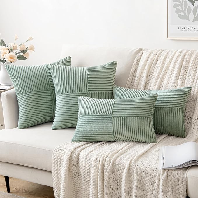 MIULEE Greyish Green Corduroy Pillow Covers Pack of 2 Boho Decorative Spliced Throw Pillow Covers Soft Solid Couch Pillowcases Cross Patchwork Textured Covers for Living Room Bed Sofa 16x16 inch