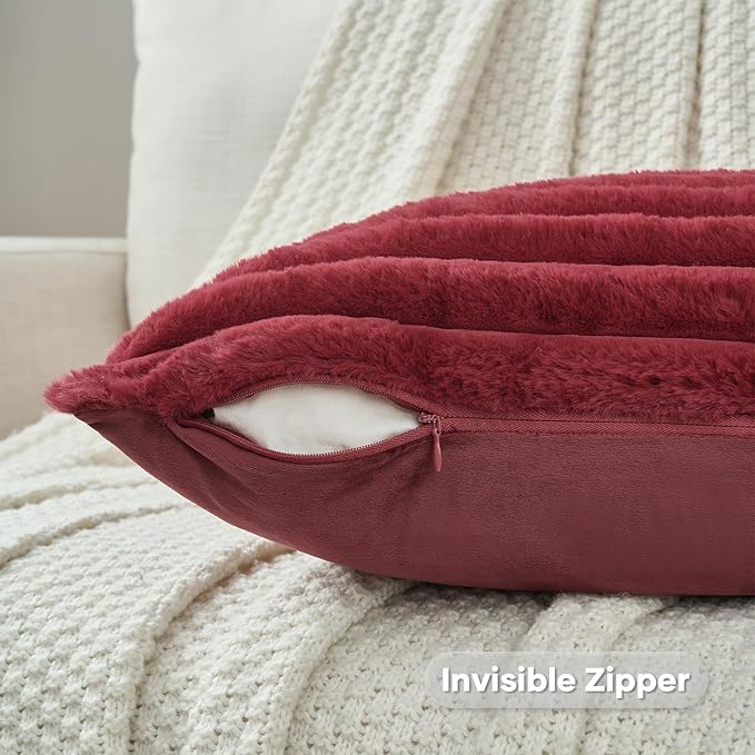 FUTEI Burgundy Striped Decorative Throw Pillow Covers 12x20 Inch Set of 2,Rectangle Winter Decorations Couch Lumbar Pillowcase,Soft Cozy Faux Rabbit Fur & Velvet Back,Modern Home Decor for Bed