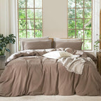 MooMee Bedding Duvet Cover Set 100% Washed Cotton Linen Like Textured Breathable Durable Soft Comfy (Solid Brown, Oversized King Plus 128"x120")