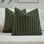 FUTEI Olive Green Striped Decorative Throw Pillow Covers 20x20 Inch Set of 2,Square Winter Decorations Couch Pillow Case,Soft Cozy Faux Rabbit Fur & Velvet Back,Modern Home Decor for Bed