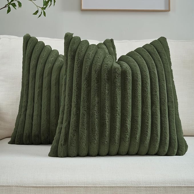 FUTEI Olive Green Striped Decorative Throw Pillow Covers 18x18 Inch Set of 2,Square Winter Decorations Couch Pillow Case,Soft Cozy Faux Rabbit Fur & Velvet Back,Modern Home Decor for Bed