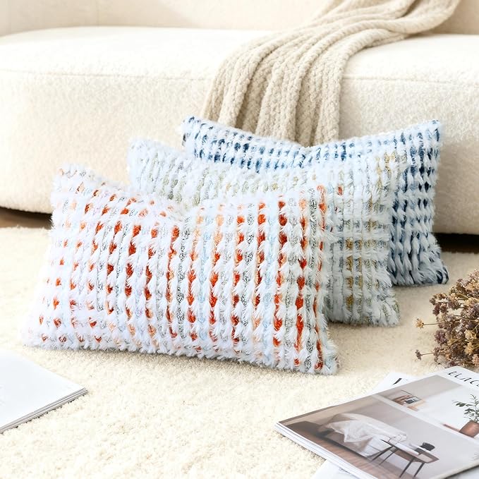 Boho Chenille Tufted Pillow Cover 12x20 Inch Set of 1, Farmhouse Striped Decorative Pillow Covers Accent Fluffy Neutral Lumbar Pillowcases for Couch Sofa Bedroom Living Room, Orange White