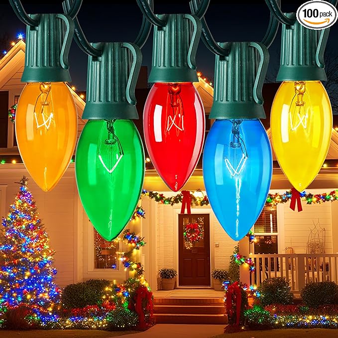 C9 Bulb String Lights Outdoor 100 Feet Multicolored Christmas Lights Green Wire for Outdoor Patio Room Christmas Tree Party Backyard Xmas Decoration, E17 Base, 100+4 Bulbs, Not Connectable