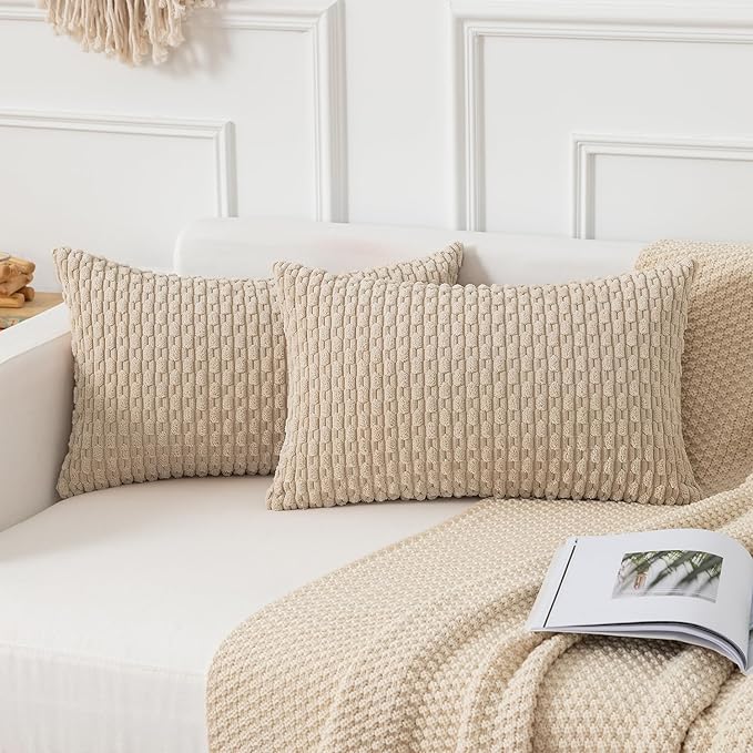 Kevin Textile Throw Pillow Covers Soft Corduroy Decorative Set of 2 Boho Striped Pillow Covers Pillowcases Farmhouse Home Decor for Couch Bed Sofa Living Room 12x20 Inch Beige