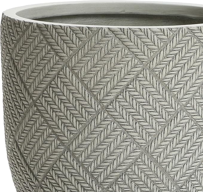 LuxenHome 14-Inch Dia Round Concrete Planters, Large Outdoor Indoor Decorative Plant Pots with Drainage Holes and Rubber Plug, Modern Gray Glen Woven Pattern Flower Pot Planters for Home Garden Patio