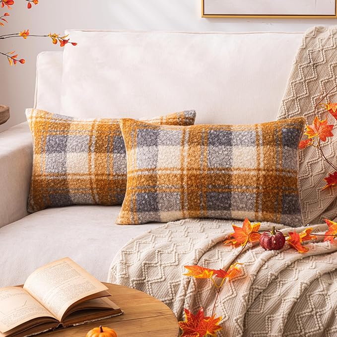 Yellow Plaid Fall Throw Pillow Covers 12x20 Inch Set of 2, Boucle Decorative Pillow Covers,Cozy Fluffy Home Living Room Farmhouse Decor for Sofa Couch Bed