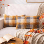Yellow Plaid Fall Throw Pillow Covers 12x20 Inch Set of 2, Boucle Decorative Pillow Covers,Cozy Fluffy Home Living Room Farmhouse Decor for Sofa Couch Bed