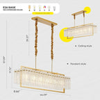 Modern Rectangle Gold Crystal Chandeliers for Dining Room, 6 Lights 44" Large Rectangular Water Ripple Glass Kitchen Island Light Fixture, Linear Farmhouse Pendant Light Fixture Over Table