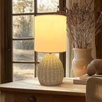 Boho Rattan Table Lamp - 3 Color Temperature, Handwoven Nightstand Lamp for Bedroom & Living Room
