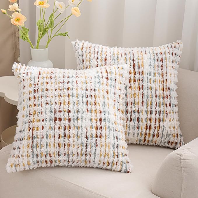 LUOYEHK Boho Throw Pillow Covers 20x20 Inch Set of 2 Chenille Tufted Pillowcase Farmhouse Neutral Cushion Covers for Couch Sofa Bed Living Room, Orange White