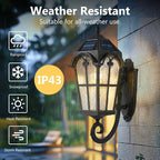 Emliviar Exterior LED Solar Wall Sconce with Remote Control, 24'' Front Door Wall Lantern with Water Grain Glass Shade, Waterproof Solar Black Wall Light with E26 Bulb, YXE302MB-SL BK
