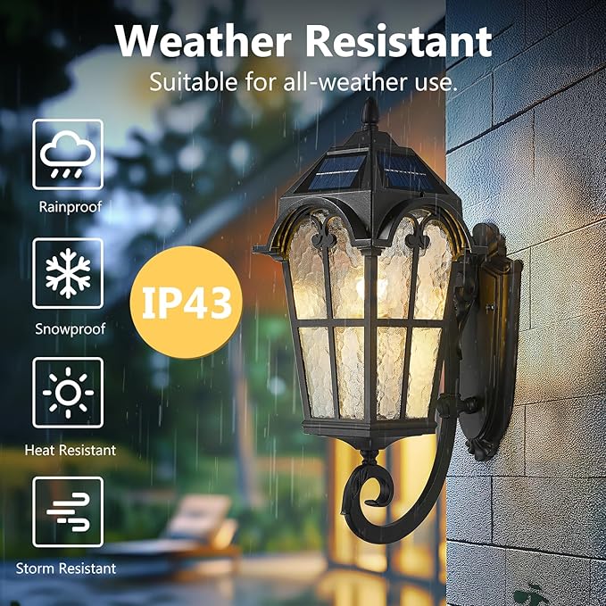 Emliviar Exterior LED Solar Wall Sconce with Remote Control, 24'' Front Door Wall Lantern with Water Grain Glass Shade, Waterproof Solar Black Wall Light with E26 Bulb, YXE302MB-SL BK