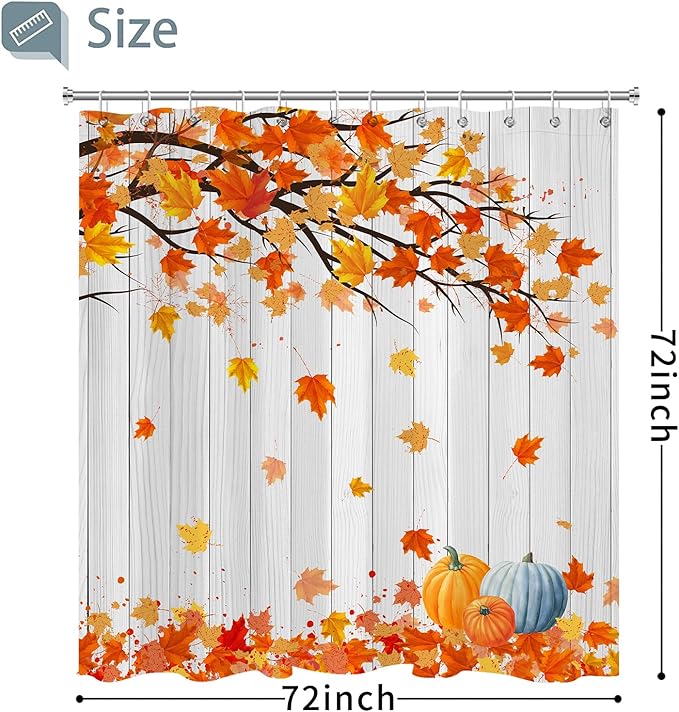 Metawu Fall Shower Curtain Autumn Farmhouse Shower Curtain Fallen Leaves Pumpkin Waterproof Shower Curtain Sets Washable Shower Curtain 72"×72" with 12 Hooks Bathtubs Bathroom Accessories