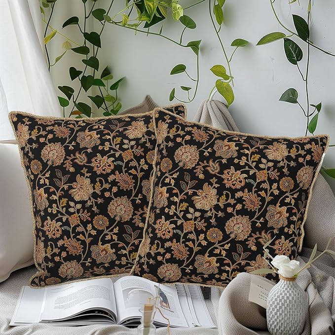 Vintage Tapestry Floral Soft Velvet Throw Pillow Covers Set of 2 Black Brown Bohemian Boho Carpet Flowers Decorative Pillow Covers 20x20 Inch Rustic Retro Rug Pillow Case For Sofa Couch Home Decor