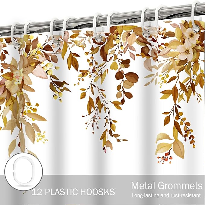 Eucalyptus Shower Curtain, Brown Watercolor Leaves with Floral Botanical Bathroom Decor, Waterproof Fabric Bath Curtain Set with Hooks, 72x84 Inches