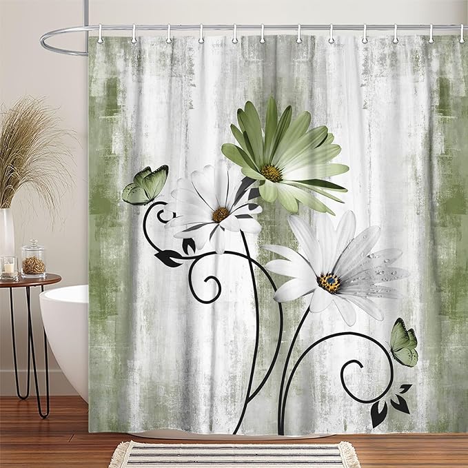 Rustic Farmhouse Shower Curtain, Farm Sage Green Daisy Floral Flowers and Butterfly on Country Wooden Forest Green Shower Curtain for Bathroom, 60X70IN