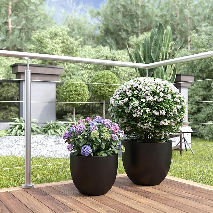 DTY Signature Mount Belford Lightweight and Durable Modern Fiberstone Egg Shaped Planter for Indoor Outdoor Drainage Hole & Rubber Plug Weather Resistant, 10" H x 12" Dia, 10" Opening - Small, Black