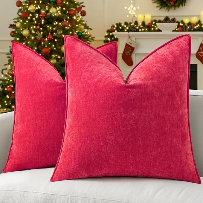decorUhome Christmas Couch Throw Pillow Covers 22x22 Set of 2, Decorative Soft Euro Neutral Chenille Pillow Covers with Elegant Design for Sofa Bed Living Room Home Decor, Red