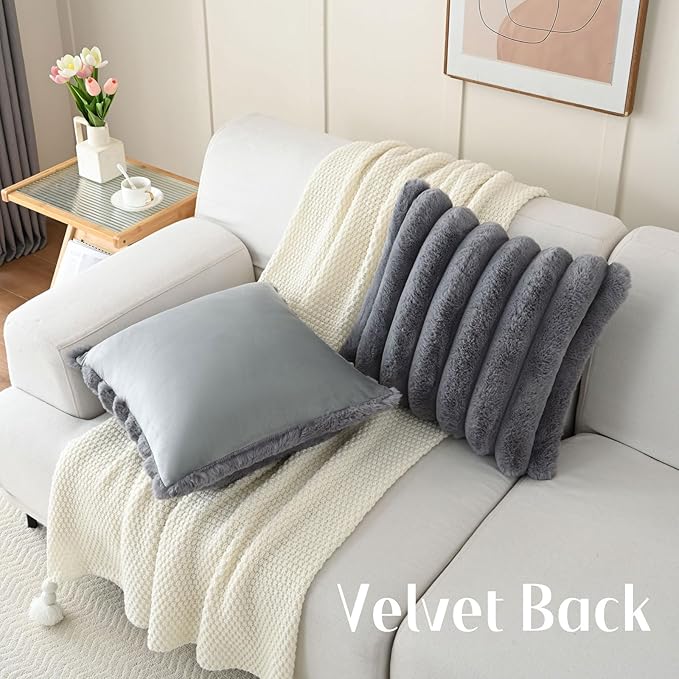 FUTEI Grey Decorative Throw Pillow Covers 18x18 Inch Set of 2, Square Soft Faux Rabbit Fur Big Striped Cushion Cover,Home Decor for Couch Sofa Bed Living Room