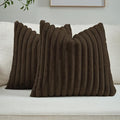 FUTEI Dark Coffee Striped Decorative Throw Pillow Covers 16x16 Inch Set of 2,Square Winter Decorations Couch Pillow Case,Soft Cozy Faux Rabbit Fur & Velvet Back,Modern Home Decor for Bed