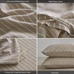 MooMee Striped Duvet Cover Set 100% Washed Cotton Linen Like Textured Breathable Durable Soft Comfy (Tannish Linen Grey White Wide Stripes, Twin 68"x90")