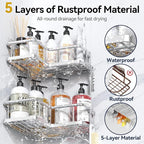 YASONIC Corner Shower Caddy Organizer, 5-Pack Self-Adhesive Rustproof Bath Shelves with Soap Holder & 4 Hooks, Large Capacity Shower Storage Rack for Bathroom Organization, Silver