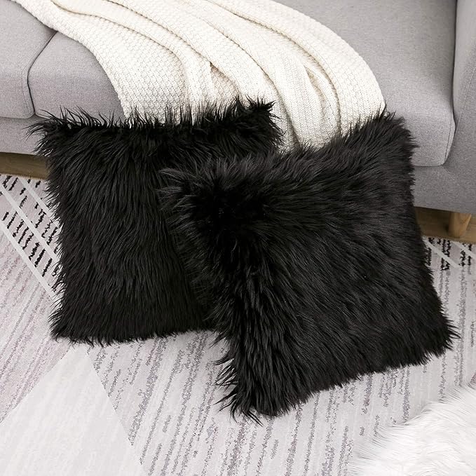 WLNUI Set of 2 Black Halloween Decorative Pillow Covers New Luxury Series Merino Style Faux Fur Fluffy Throw Pillow Covers Square Fuzzy Cushion Case for Sofa Bedroom Living Room Home Decor 18x18 Inch