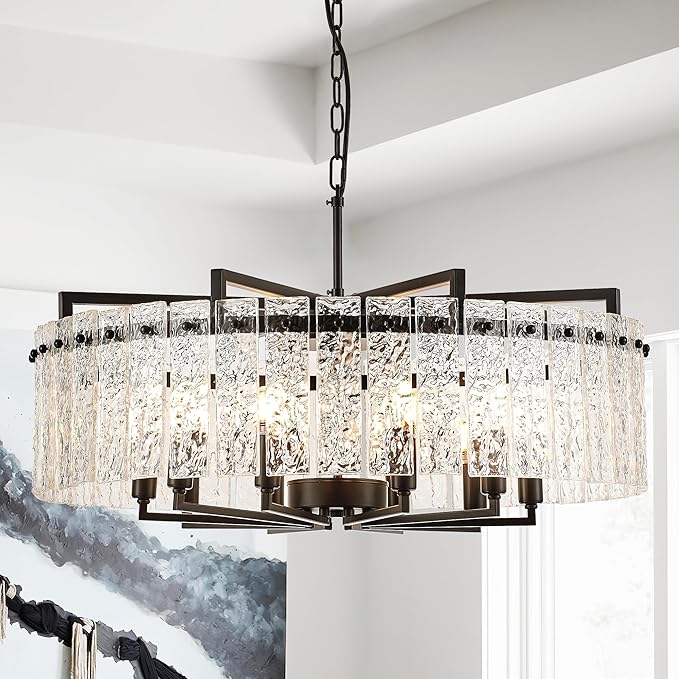 Black Crystal Chandeliers for Dining Room 10-Light, 29.5” Modern Water Ripple Glass Light Fixture, Farmhouse Round Lighting for Kitchen Island, Bar Table