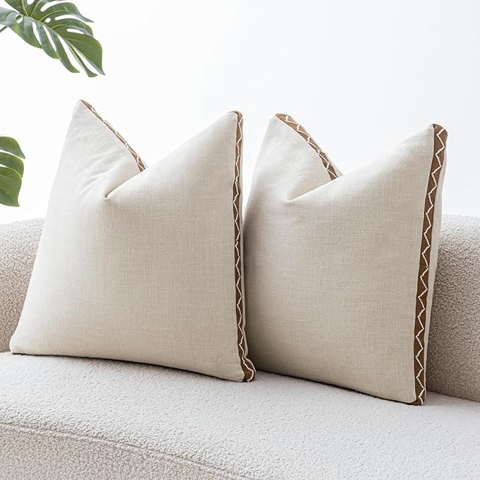 Decorative Neutral Linen Throw Pillow Covers 20x20 Inch Set of 2, Boho Farmhouse Pillow Covers with Braid Fringe for Sofa Bed Modern Couch Pillow Cases for Organic Home Decor