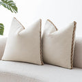Decorative Neutral Linen Throw Pillow Covers 18x18 Inch Set of 2, Boho Farmhouse Pillow Covers with Braid Fringe for Sofa Bed Modern Couch Pillow Cases for Organic Home Decor