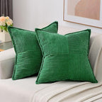 HAUSSY Emerald Green Throw Pillow Covers 22x22 Inch Set of 2, Soft Corduroy Solid Striped,Square Decorative Cushion Case,Winter Home Decorations for Couch,Bed