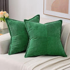 HAUSSY Emerald Green Throw Pillow Covers 20x20 Inch Set of 2,Soft Solid Corduroy Striped/Wide Bordered,Square Decorative Cushion Case,Spring Home Decorations for Couch,Bed