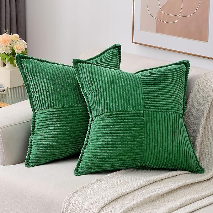HAUSSY Emerald Green Throw Pillow Covers 20x20 Inch Set of 2,Soft Solid Corduroy Striped/Wide Bordered,Square Decorative Cushion Case,Spring Home Decorations for Couch,Bed