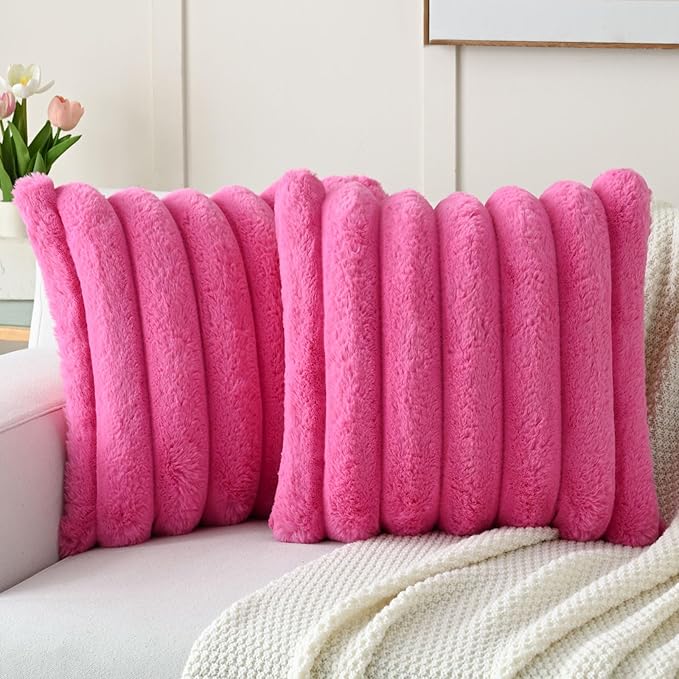 FUTEI Hot Pink Decorative Throw Pillow Covers 24x24 Inch Set of 2, Square Soft Faux Rabbit Fur Big Striped Pillow Sham,Home Decor for Couch Sofa Bed Living Room