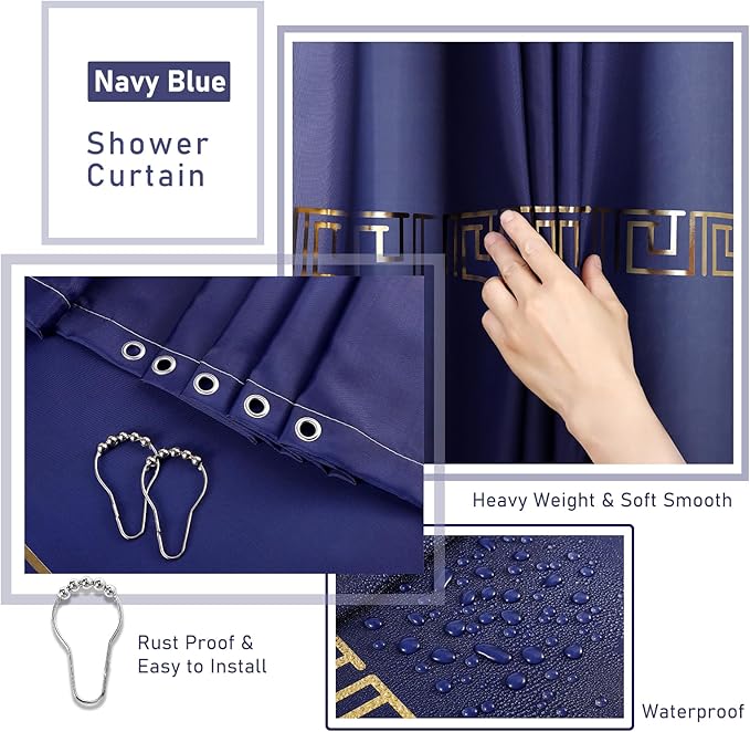 Bathroom Sets with Shower Curtain and Rugs Bathroom Accessories Set Navy Blue Bathroom Set,Soap Dispenser & Toilet Brush Holder Set with Stainless Steel Trash Can