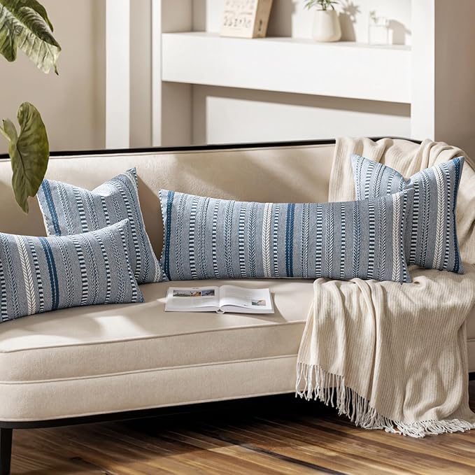 ANRODUO Pack of 2 Boho Throw Pillow Covers 12x20 Inch Farmhouse Decorative Lumbar Couch Pillow Cases Jacquard Cushion Cover Neutral Accent Pillows of Bed Sofa Bedroom Living Room Home Decor, Navy Blue