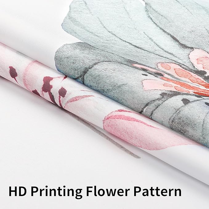 QiyI Stall Floral Shower Curtain with Snap in Liner, Grey and Pink Watercolor Cloth Bath Curtains, No Hook Shower Curtains with Mesh Top Window, Fabric Waterproof Bathroom Curtain Set, 36 x 75 Inch