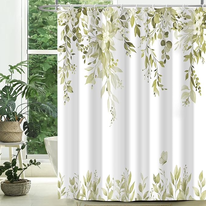 Eucalyptus Shower Curtain, Beige Watercolor Leaves with Floral Botanical Bathroom Decor, Waterproof Fabric Bath Curtain Set with Hooks, 72x84 Inches