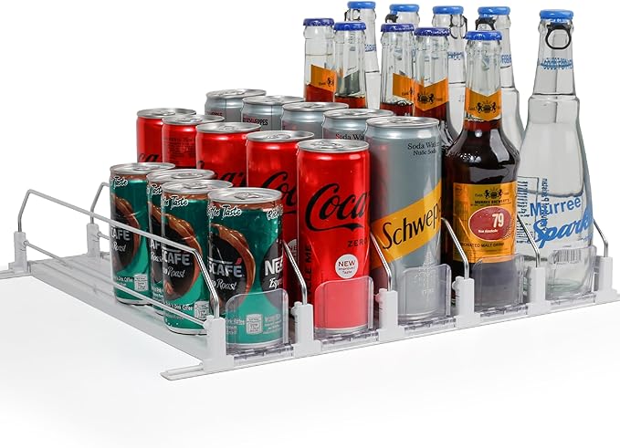 Dwella Drink Organizer for Fridge with Pusher Glide, 5 Rows Spring Loaded Fridge Drink Dispenser, Self Pushing Soda Can Organizer for Refrigerator, Bottle Beverage Organizer for Fridge Drink Holder