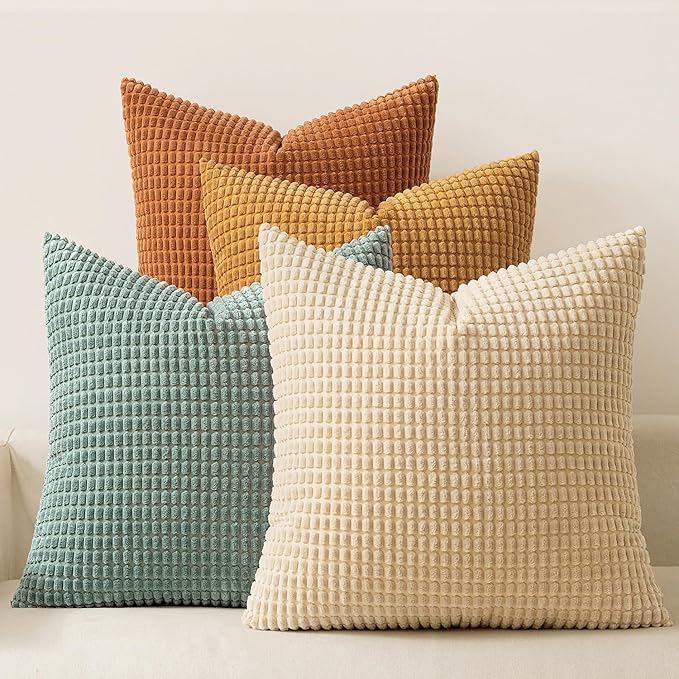 MIULEE Boho Farmhouse Decorative Pillow Covers 24x24 Inch Set of 4 Rustic Modern Fall Home Decor Couch Home Decor Couch Throw Pillows Summer Corduroy Pillowcases for Sofa Living Room Bed Orange/Teal