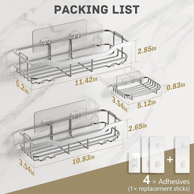 OMAIRA 3-Pack Shower Caddy with Soap Holder, Adhesive Rustproof No-drill Strudy Loading Inside Shower Organizer Shelves Rack Storage Bathroom Organization for Smooth Wall Glass Tile, Silver (X-Large)