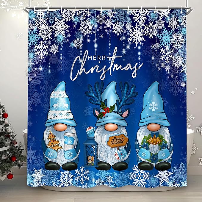 Blue Christmas Shower Curtain, Cute Christmas Gnome Shower Curtain Set, Winter Snowflakes Snow Xmas Shower Curtain Holiday Bathroom Decor, Durable Fabric Machine Washable with Hooks, 72 x 72 Inches