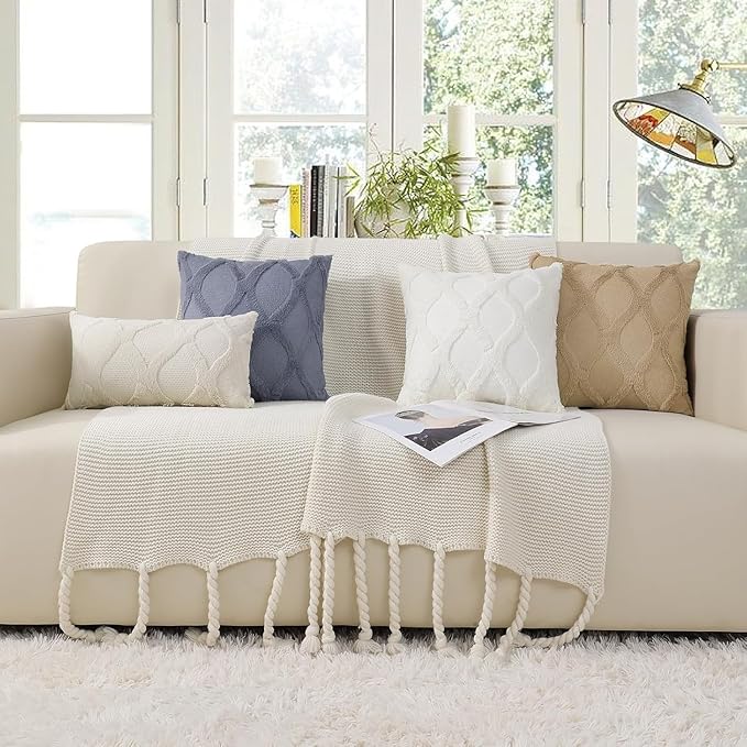 decorUhome Throw Pillow Covers 18x18 Inch Set of 2, Soft Plush Faux Fur Wool Beige Couch Pillow Covers, Decorative Neutral Pillow Cases for Bed Sofa Living Room Home Decor
