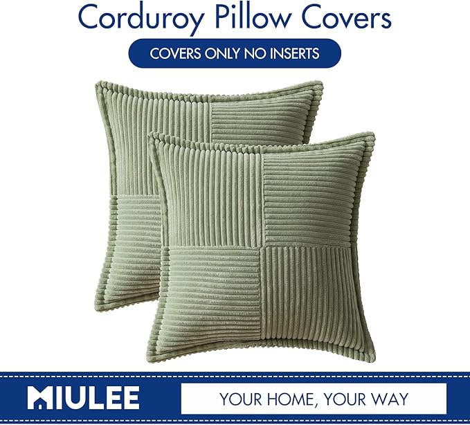MIULEE Decorative Throw Pillow Covers for Couch Bed Livingroom 16x16 Inch Set of 2 Sage Green Boho Accent Throw Pllows Broadside Striped Patchwork Soft Corduroy Pillowcases