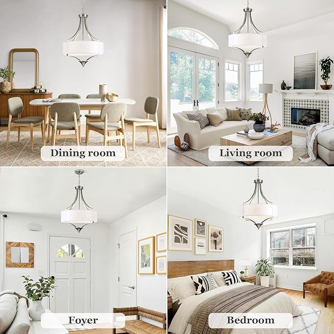 6-Light Brushed Nickel Chandelier 19.7" Modern Drum Chandeliers for Dining Room Light Fixture with White Fabric Shade Large Pendant Lighting for Kitchen Island Living Room Bedroom Foyer Over Table,E12