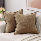 HAUSSY Brown Throw Pillow Covers 20x20 Inch Set of 2,Soft Solid Corduroy Striped/Wide Bordered,Square Decorative Cushion Case,Spring Home Decorations for Couch,Bed
