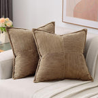 HAUSSY Brown Throw Pillow Covers 12x12 Inch Set of 2,Soft Solid Corduroy Striped/Wide Bordered,Square Decorative Cushion Case,Winter Home Decorations for Couch,Bed