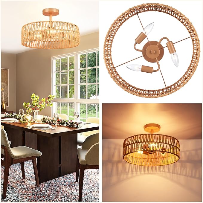 Hamilyeah Boho Flush Mount Ceiling Light Fixture with Rattan Shade, 16 inch Gold Light Fixture Ceiling Mount for Living Room, Bedroom, Kitchen